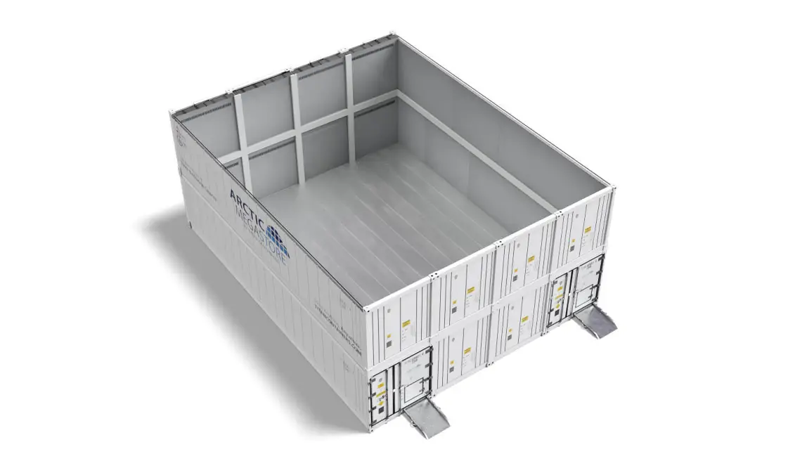 断熱された壁面と床を備えた、Arctic MegaStore温度管理型保管コンテナの内部。